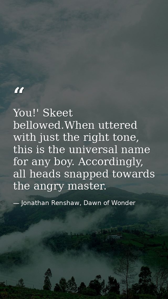 You!' Skeet bellowed.When uttered with just the right tone, this is the universal name for any boy. Accordingly, all hea — Jonathan Renshaw, Dawn of Wonder