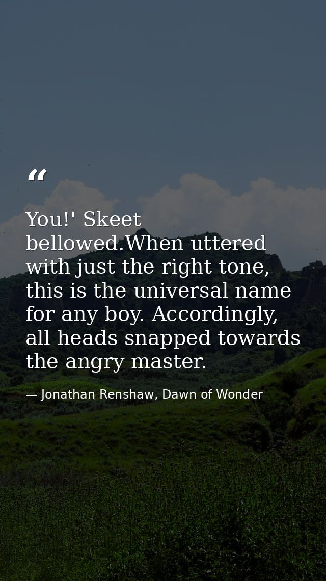 You!' Skeet bellowed.When uttered with just the right tone, this is the universal name for any boy. Accordingly, all hea — Jonathan Renshaw, Dawn of Wonder