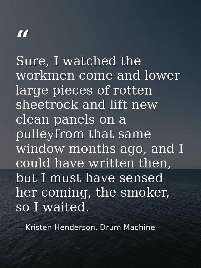 Sure, I watched the workmen come and lower large pieces of rotten sheetrock and lift new clean panels on a pulleyfrom th — Kristen Henderson, Drum Machine