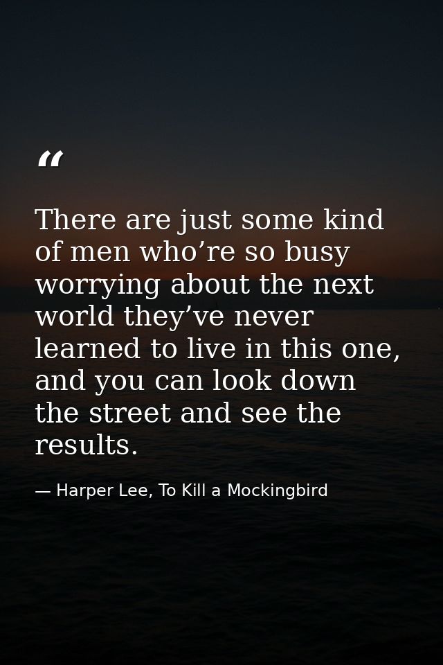 There are just some kind of men who’re so busy worrying about the next world they’ve never learned to live in this one,  — Harper Lee, To Kill a Mockingbird