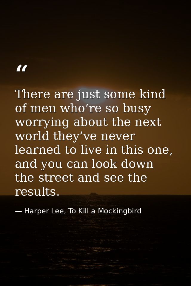 There are just some kind of men who’re so busy worrying about the next world they’ve never learned to live in this one,  — Harper Lee, To Kill a Mockingbird