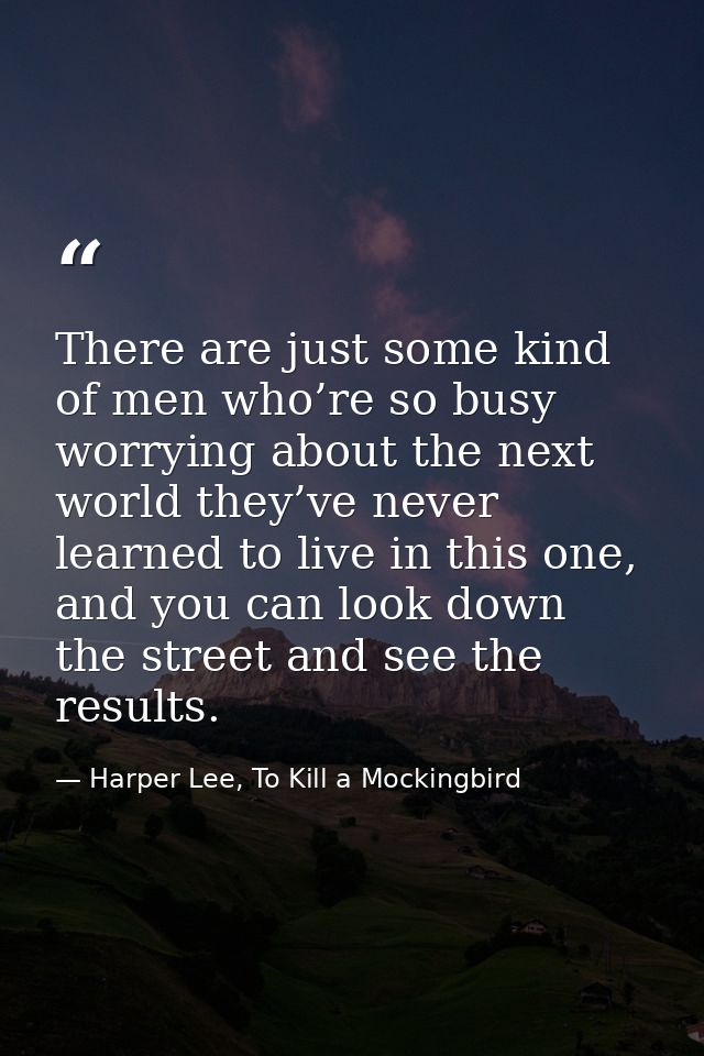 There are just some kind of men who’re so busy worrying about the next world they’ve never learned to live in this one,  — Harper Lee, To Kill a Mockingbird