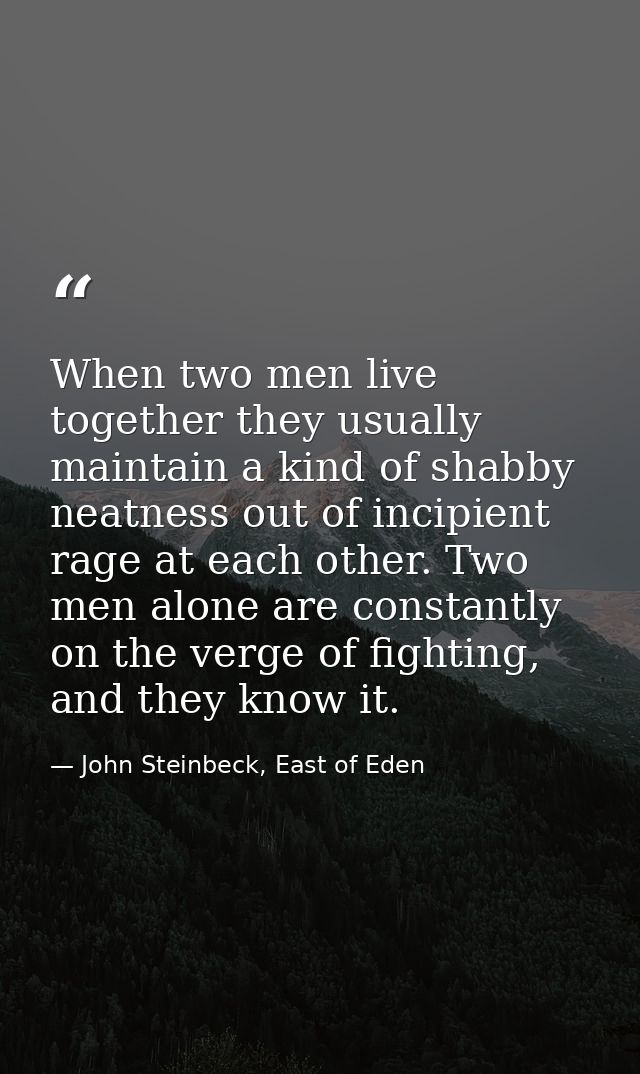 When two men live together they usually maintain a kind of shabby neatness out of incipient rage at each other. Two men  — John Steinbeck, East of Eden