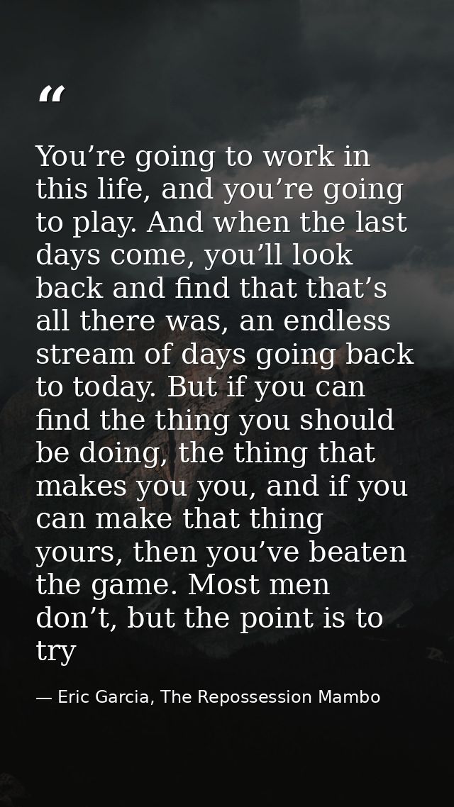 You’re going to work in this life, and you’re going to play. And when the last days come, you’ll look back and find that — Eric Garcia, The Repossession Mambo