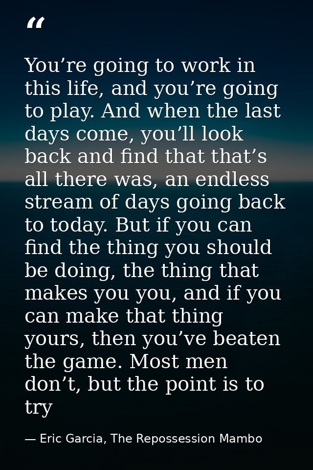 You’re going to work in this life, and you’re going to play. And when the last days come, you’ll look back and find that — Eric Garcia, The Repossession Mambo