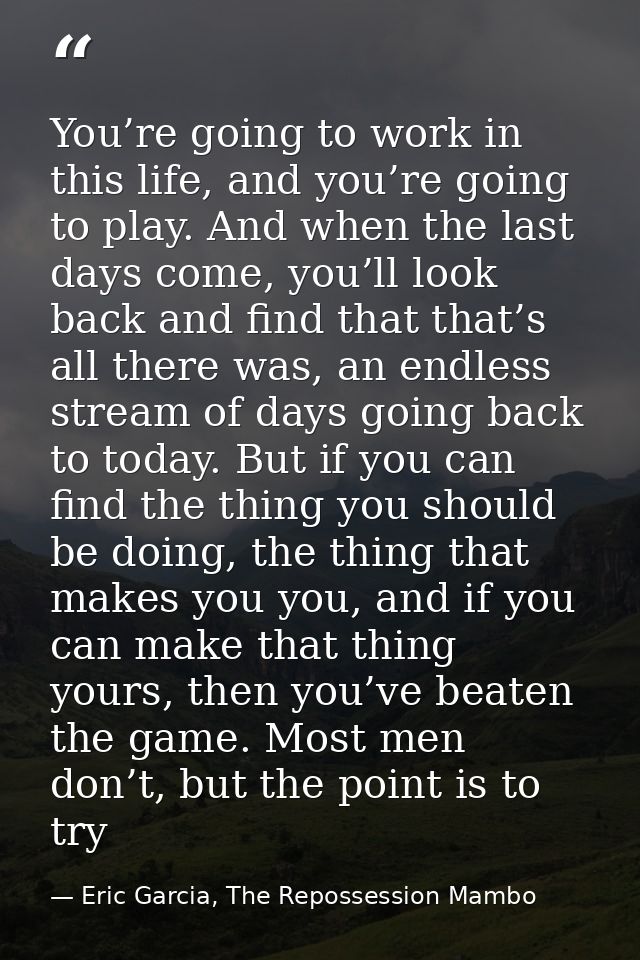 You’re going to work in this life, and you’re going to play. And when the last days come, you’ll look back and find that — Eric Garcia, The Repossession Mambo