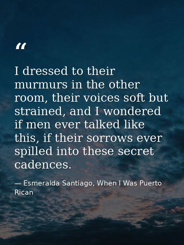 I dressed to their murmurs in the other room, their voices soft but strained, and I wondered if men ever talked like thi — Esmeralda Santiago, When I Was Puerto Rican