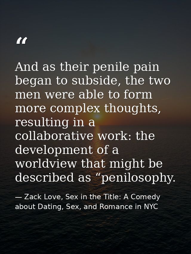 And as their penile pain began to subside, the two men were able to form more complex thoughts, resulting in a collabora — Zack Love, Sex in the Title: A Comedy about Dating, Sex, and Romance in NYC