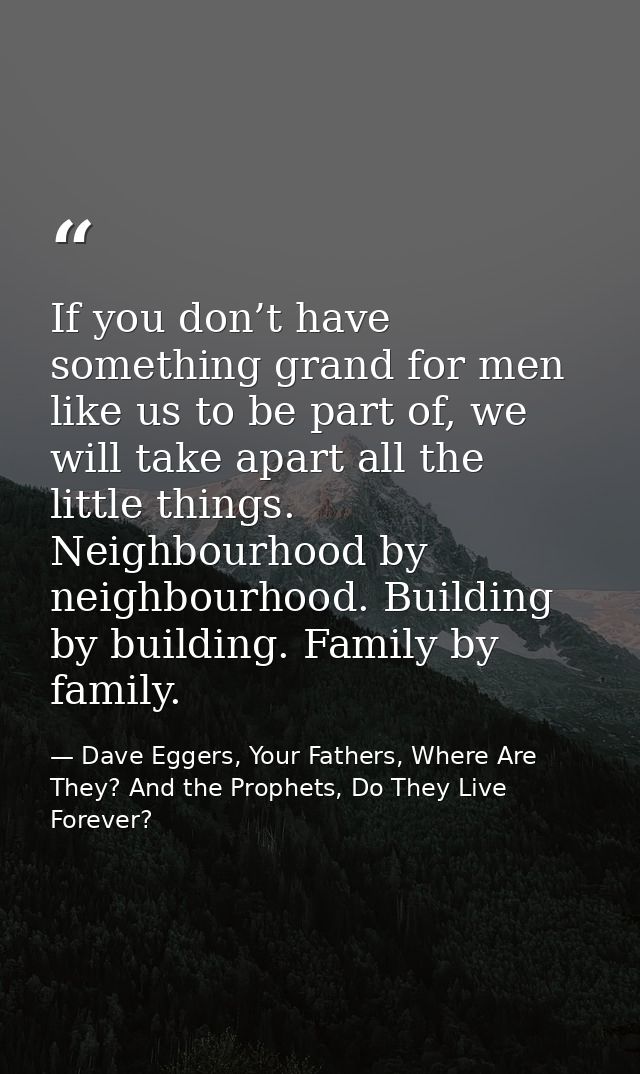 If you don’t have something grand for men like us to be part of, we will take apart all the little things. Neighbourhood — Dave Eggers, Your Fathers, Where Are They? And the Prophets, Do They Live Forever?