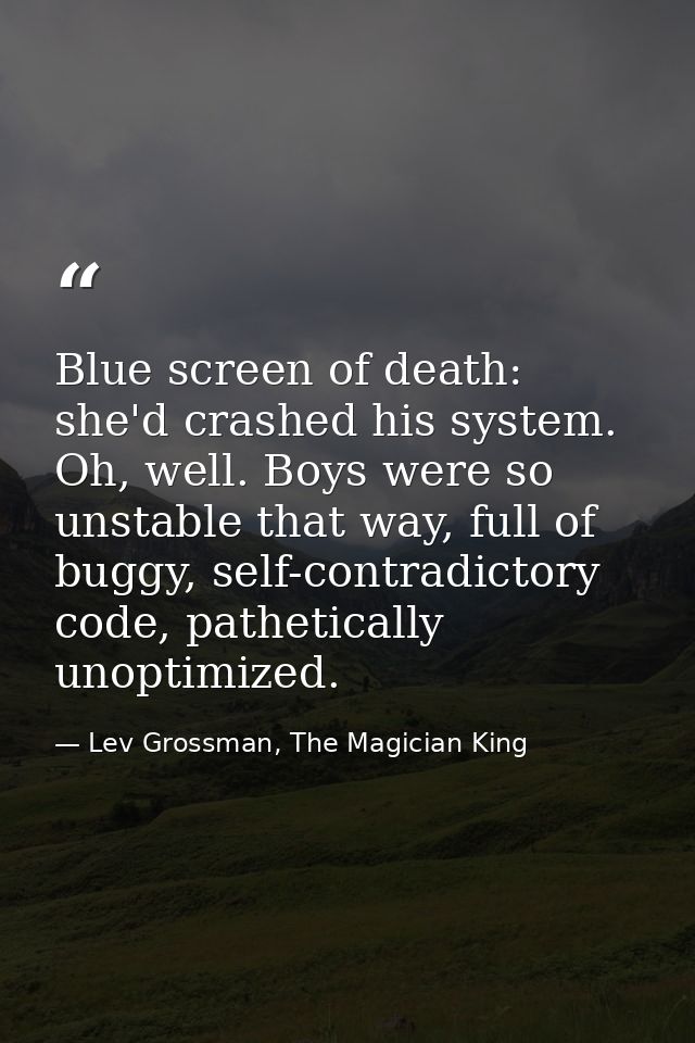 Blue screen of death: she'd crashed his system. Oh, well. Boys were so unstable that way, full of buggy, self-contradict — Lev Grossman, The Magician King