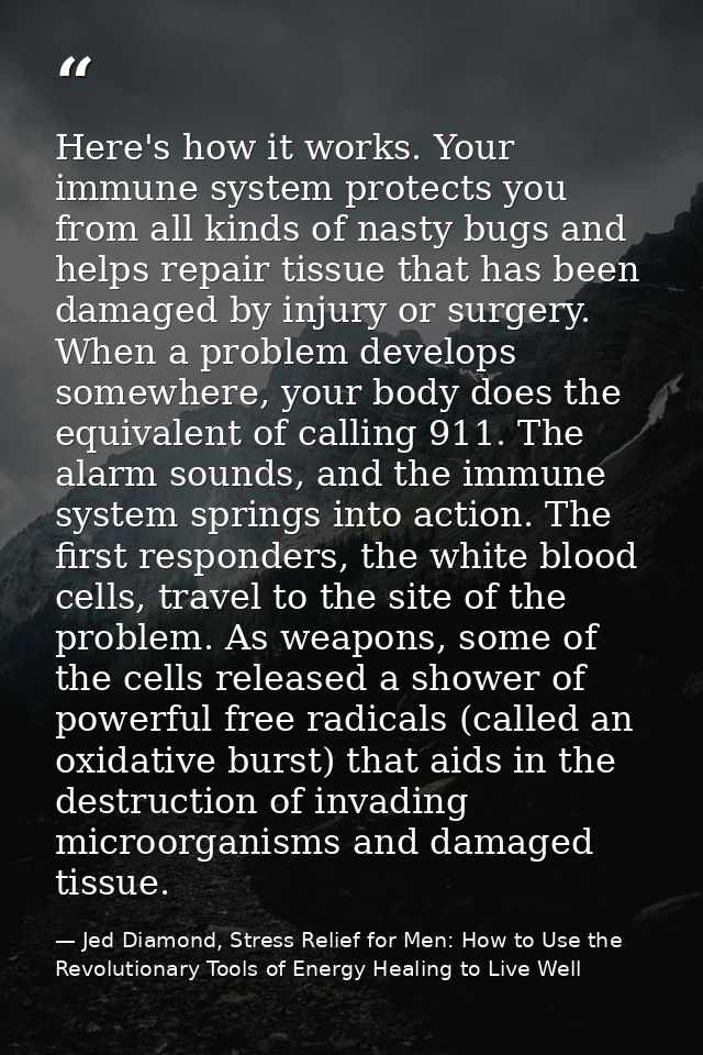 Here's how it works. Your immune system protects you from all kinds of nasty bugs and helps repair tissue that has been  — Jed Diamond, Stress Relief for Men: How to Use the Revolutionary Tools of Energy Healing to Live Well