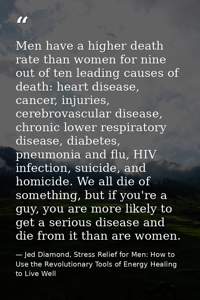 Men have a higher death rate than women for nine out of ten leading causes of death: heart disease, cancer, injuries, ce — Jed Diamond, Stress Relief for Men: How to Use the Revolutionary Tools of Energy Healing to Live Well