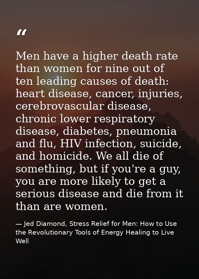 Men have a higher death rate than women for nine out of ten leading causes of death: heart disease, cancer, injuries, ce — Jed Diamond, Stress Relief for Men: How to Use the Revolutionary Tools of Energy Healing to Live Well