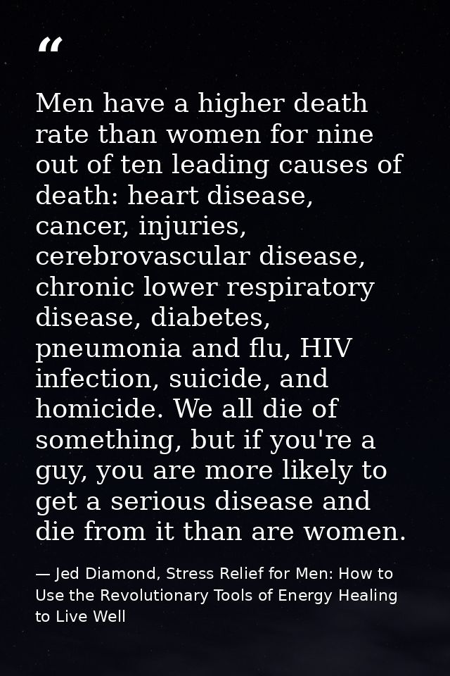 Men have a higher death rate than women for nine out of ten leading causes of death: heart disease, cancer, injuries, ce — Jed Diamond, Stress Relief for Men: How to Use the Revolutionary Tools of Energy Healing to Live Well