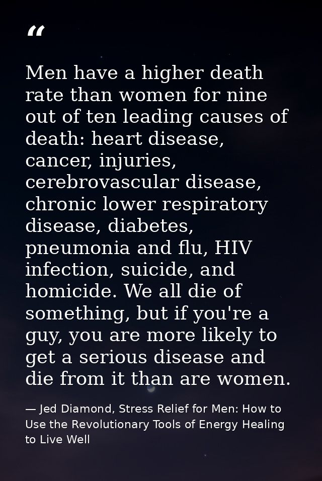 Men have a higher death rate than women for nine out of ten leading causes of death: heart disease, cancer, injuries, ce — Jed Diamond, Stress Relief for Men: How to Use the Revolutionary Tools of Energy Healing to Live Well