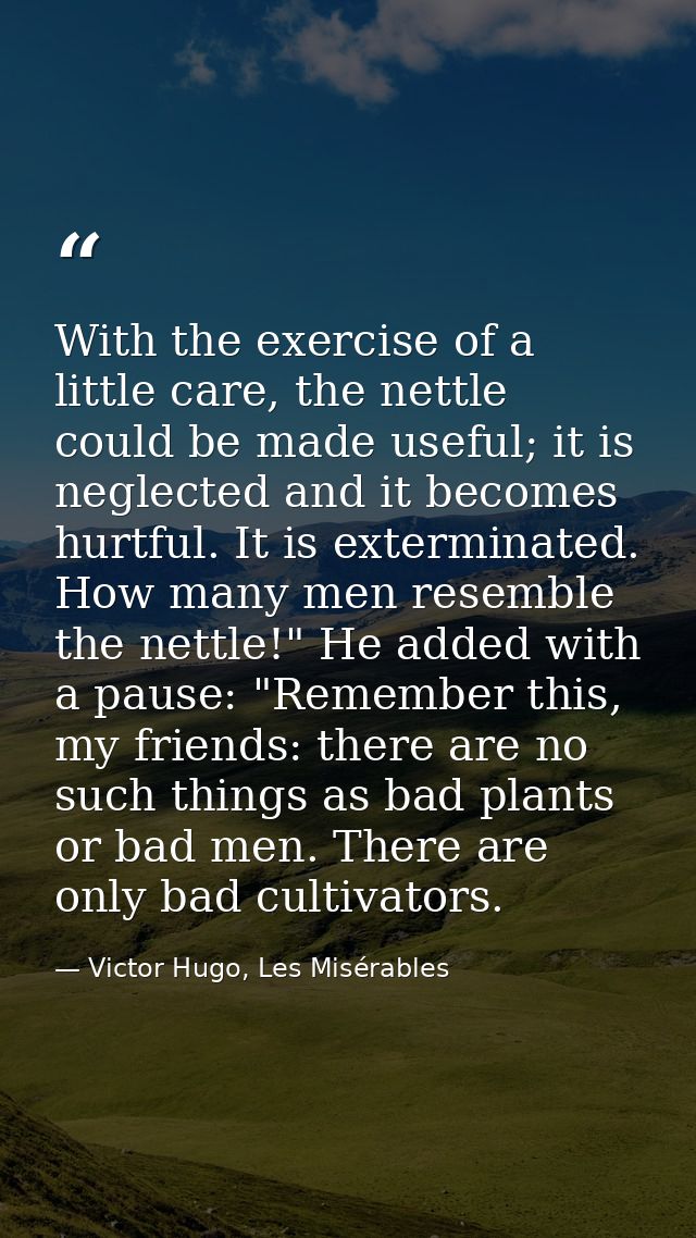With the exercise of a little care, the nettle could be made useful; it is neglected and it becomes hurtful. It is exter — Victor Hugo, Les Misérables