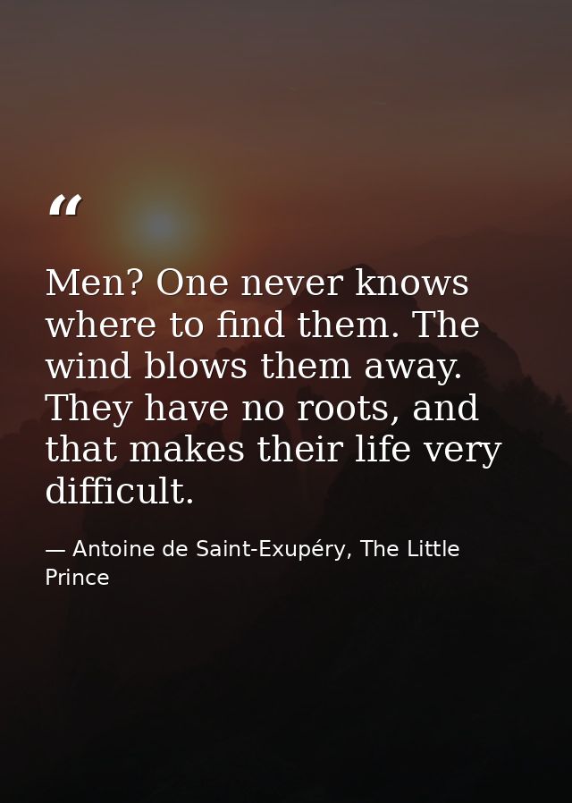 Men? One never knows where to find them. The wind blows them away. They have no roots, and that makes their life very di — Antoine de Saint-Exupéry, The Little Prince