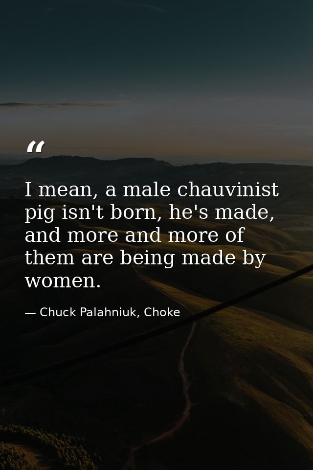 I mean, a male chauvinist pig isn't born, he's made, and more and more of them are being made by women. — Chuck Palahniuk, Choke