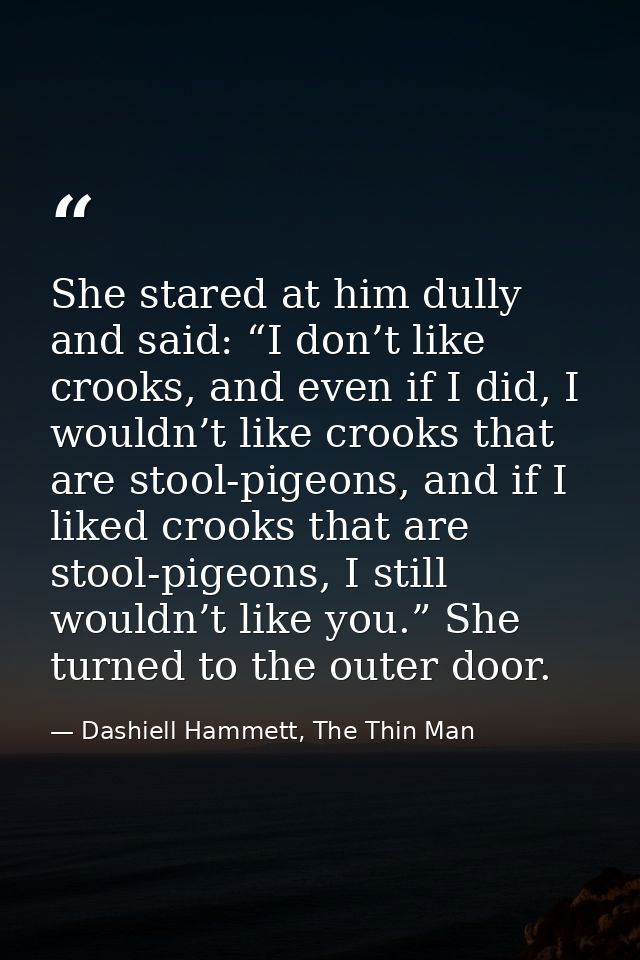 She stared at him dully and said: “I don’t like crooks, and even if I did, I wouldn’t like crooks that are stool-pigeons — Dashiell Hammett, The Thin Man