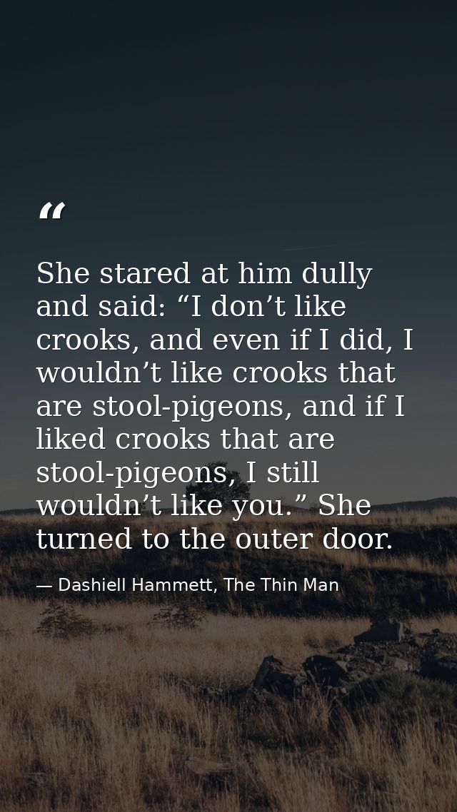 She stared at him dully and said: “I don’t like crooks, and even if I did, I wouldn’t like crooks that are stool-pigeons — Dashiell Hammett, The Thin Man