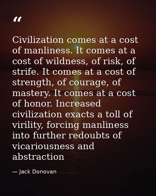 Civilization comes at a cost of manliness. It comes at a cost of wildness, of risk, of strife. It comes at a cost of str — Jack Donovan