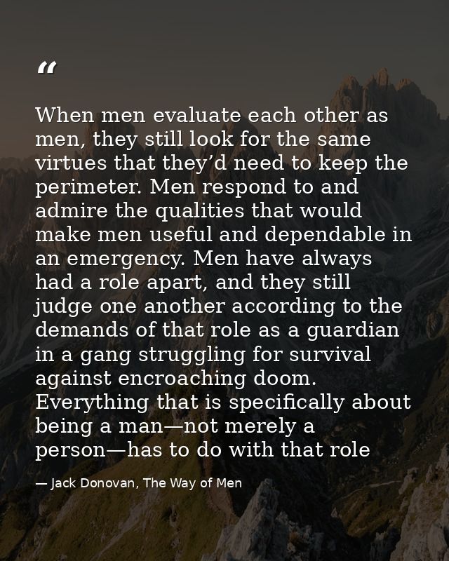 When men evaluate each other as men, they still look for the same virtues that they’d need to keep the perimeter. Men re — Jack Donovan, The Way of Men