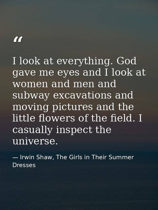 I look at everything. God gave me eyes and I look at women and men and subway excavations and moving pictures and the li — Irwin Shaw, The Girls in Their Summer Dresses