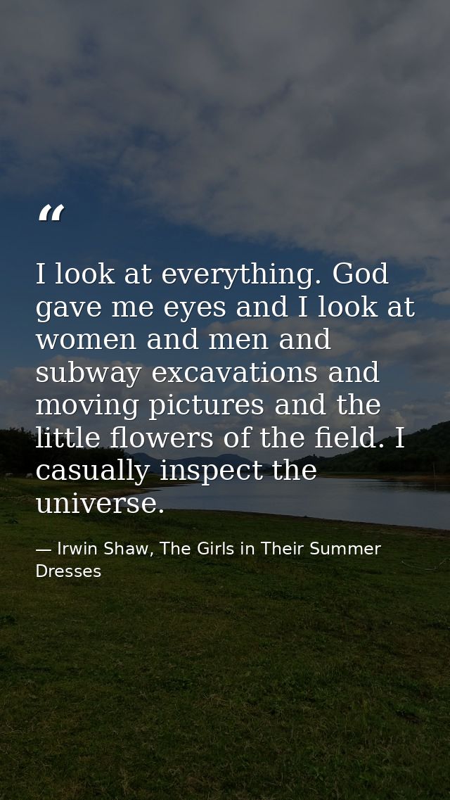 I look at everything. God gave me eyes and I look at women and men and subway excavations and moving pictures and the li — Irwin Shaw, The Girls in Their Summer Dresses