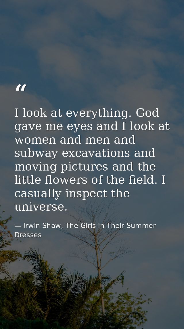 I look at everything. God gave me eyes and I look at women and men and subway excavations and moving pictures and the li — Irwin Shaw, The Girls in Their Summer Dresses