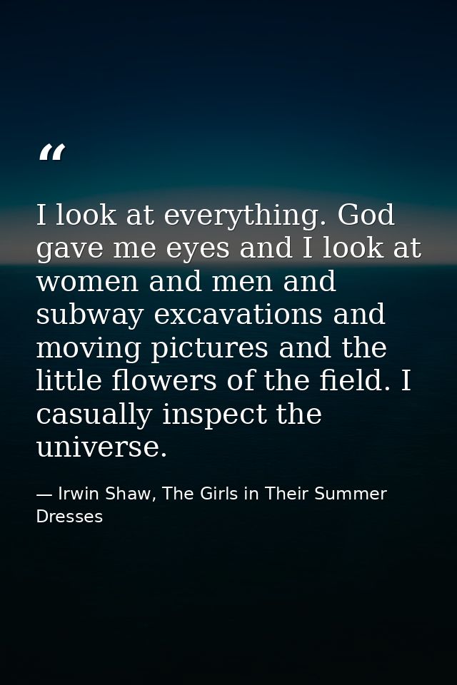 I look at everything. God gave me eyes and I look at women and men and subway excavations and moving pictures and the li — Irwin Shaw, The Girls in Their Summer Dresses