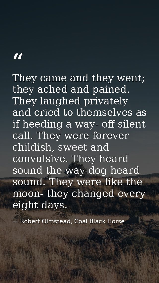 They came and they went; they ached and pained. They laughed privately and cried to themselves as if heeding a way- off  — Robert Olmstead, Coal Black Horse