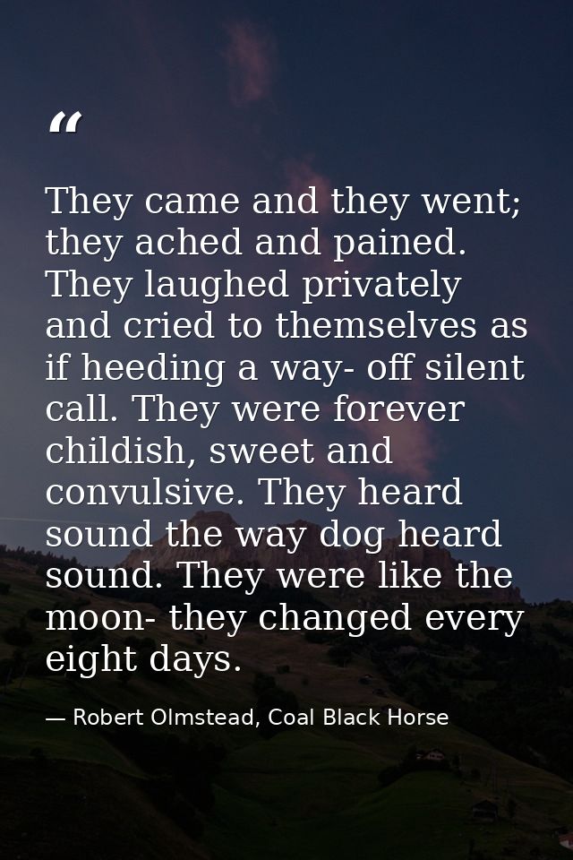 They came and they went; they ached and pained. They laughed privately and cried to themselves as if heeding a way- off  — Robert Olmstead, Coal Black Horse