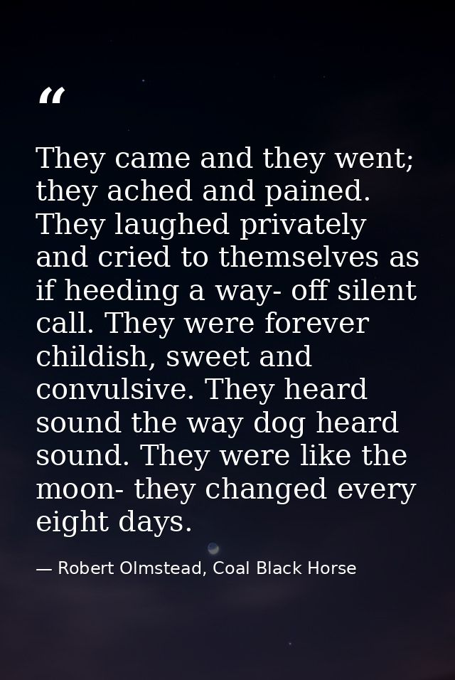 They came and they went; they ached and pained. They laughed privately and cried to themselves as if heeding a way- off  — Robert Olmstead, Coal Black Horse