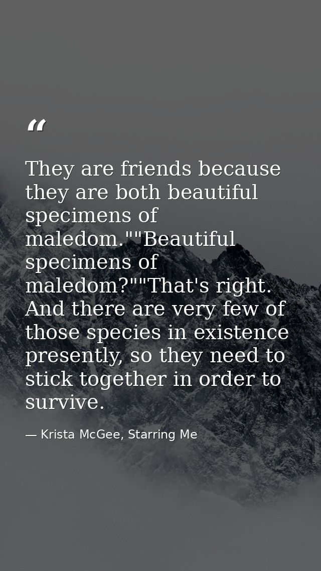 They are friends because they are both beautiful specimens of maledom.""Beautiful specimens of maledom?""That's right. A — Krista McGee, Starring Me