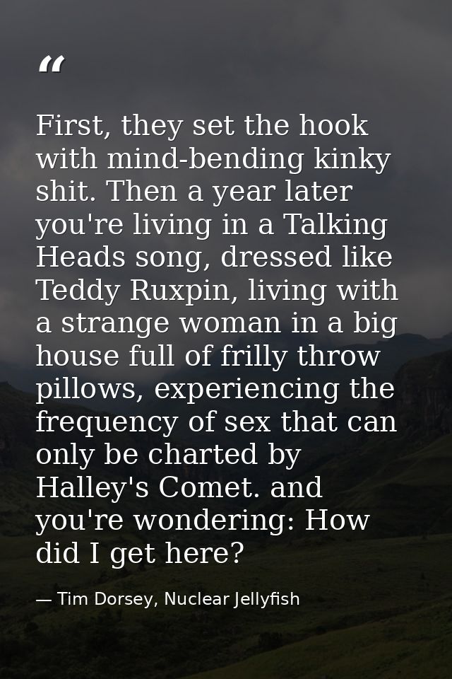 First, they set the hook with mind-bending kinky shit. Then a year later you're living in a Talking Heads song, dressed  — Tim Dorsey, Nuclear Jellyfish