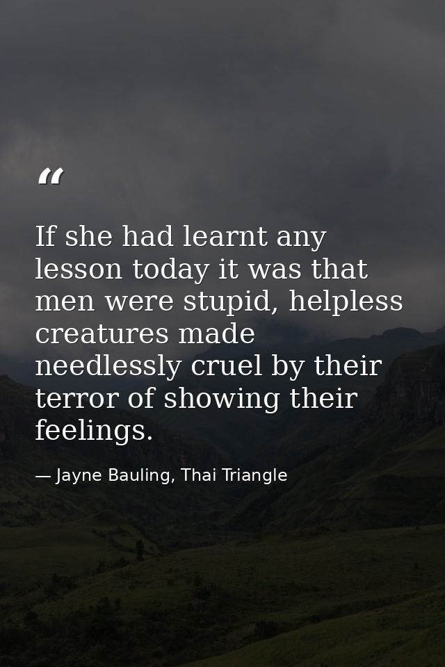 If she had learnt any lesson today it was that men were stupid, helpless creatures made needlessly cruel by their terror — Jayne Bauling, Thai Triangle