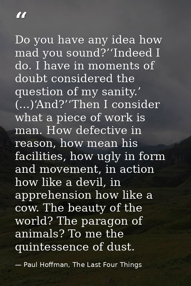 Do you have any idea how mad you sound?’‘Indeed I do. I have in moments of doubt considered the question of my sanity.’  — Paul Hoffman, The Last Four Things