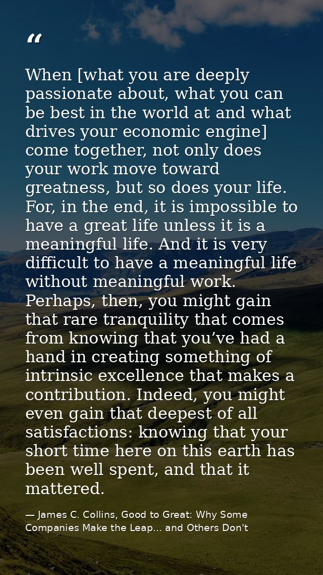 When [what you are deeply passionate about, what you can be best in the world at and what drives your economic engine] c — James C. Collins, Good to Great: Why Some Companies Make the Leap... and Others Don't