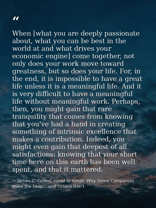 When [what you are deeply passionate about, what you can be best in the world at and what drives your economic engine] c — James C. Collins, Good to Great: Why Some Companies Make the Leap... and Others Don't