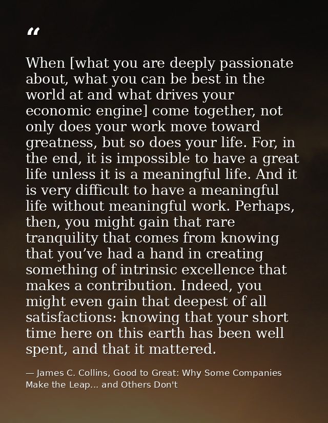 When [what you are deeply passionate about, what you can be best in the world at and what drives your economic engine] c — James C. Collins, Good to Great: Why Some Companies Make the Leap... and Others Don't