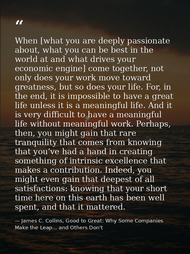 When [what you are deeply passionate about, what you can be best in the world at and what drives your economic engine] c — James C. Collins, Good to Great: Why Some Companies Make the Leap... and Others Don't