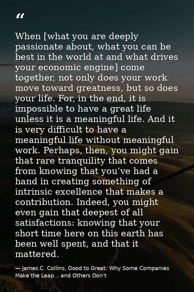 When [what you are deeply passionate about, what you can be best in the world at and what drives your economic engine] c — James C. Collins, Good to Great: Why Some Companies Make the Leap... and Others Don't