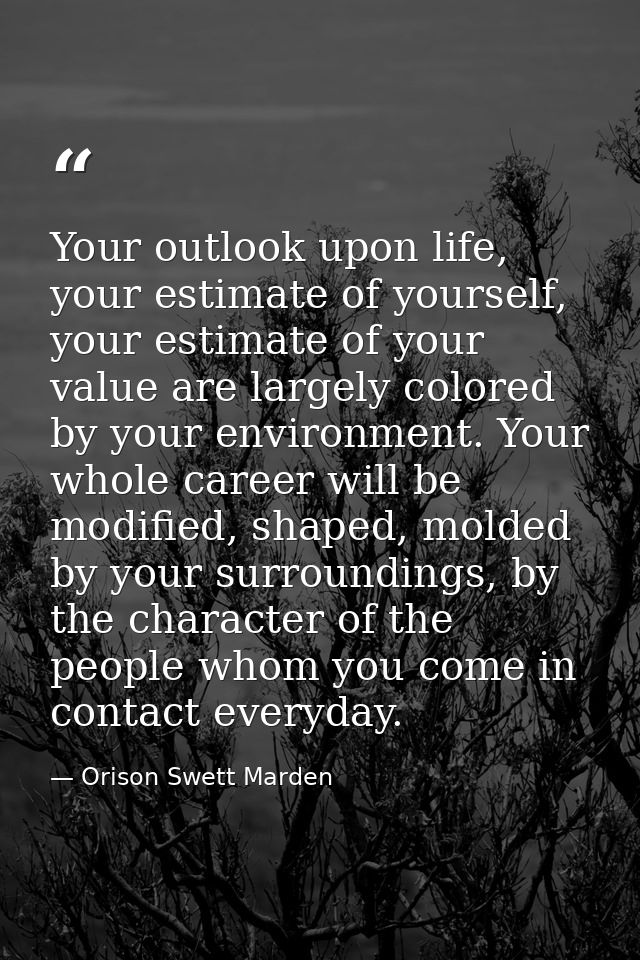 Your outlook upon life, your estimate of yourself, your estimate of your value are largely colored by your environment.  — Orison Swett Marden