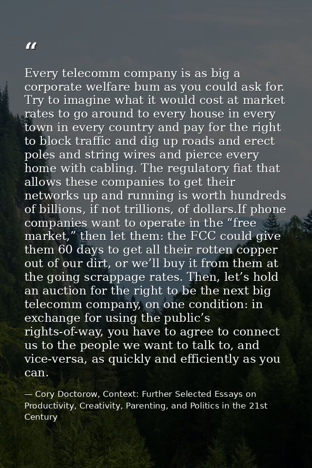 Every telecomm company is as big a corporate welfare bum as you could ask for. Try to imagine what it would cost at mark — Cory Doctorow, Context: Further Selected Essays on Productivity, Creativity, Parenting, and Politics in the 21st Century