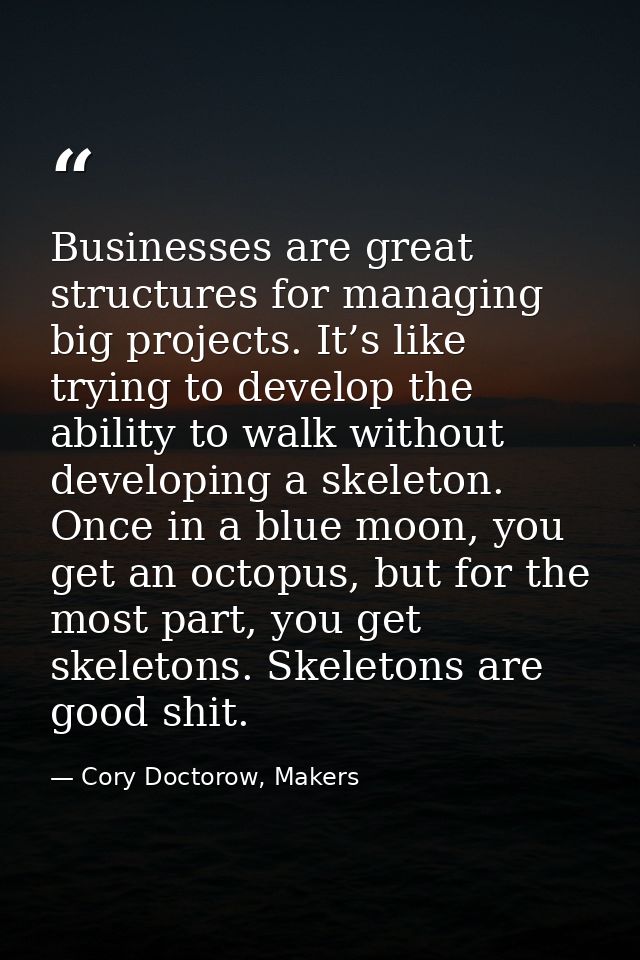 Businesses are great structures for managing big projects. It’s like trying to develop the ability to walk without devel — Cory Doctorow, Makers