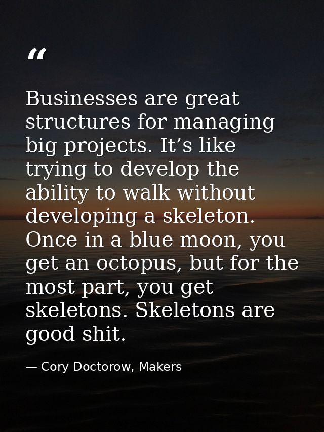 Businesses are great structures for managing big projects. It’s like trying to develop the ability to walk without devel — Cory Doctorow, Makers