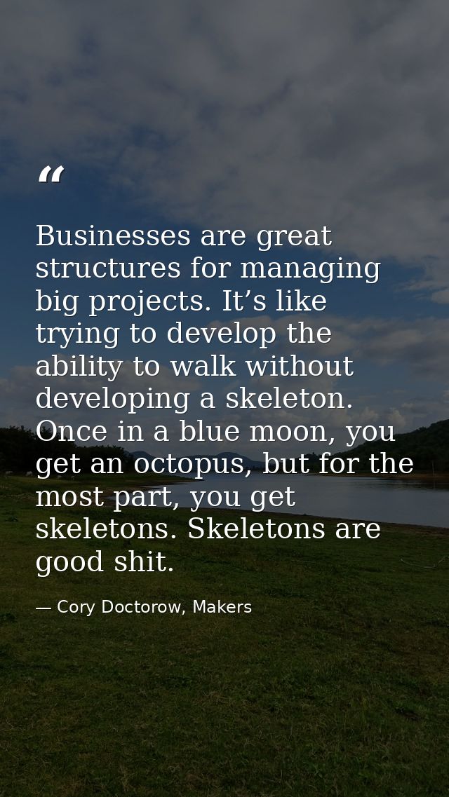 Businesses are great structures for managing big projects. It’s like trying to develop the ability to walk without devel — Cory Doctorow, Makers