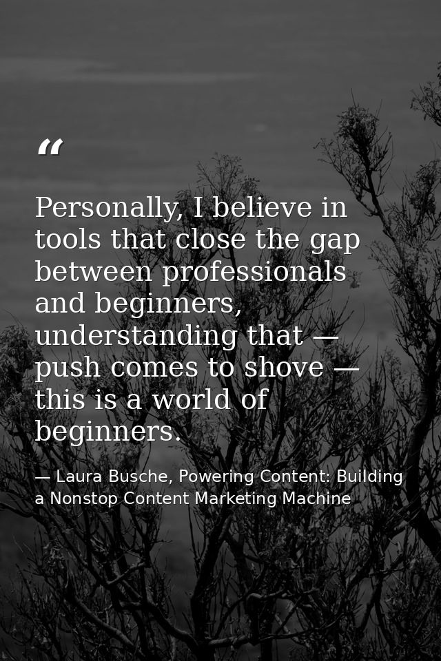 Personally, I believe in tools that close the gap between professionals and beginners, understanding that — push comes t — Laura Busche, Powering Content: Building a Nonstop Content Marketing Machine