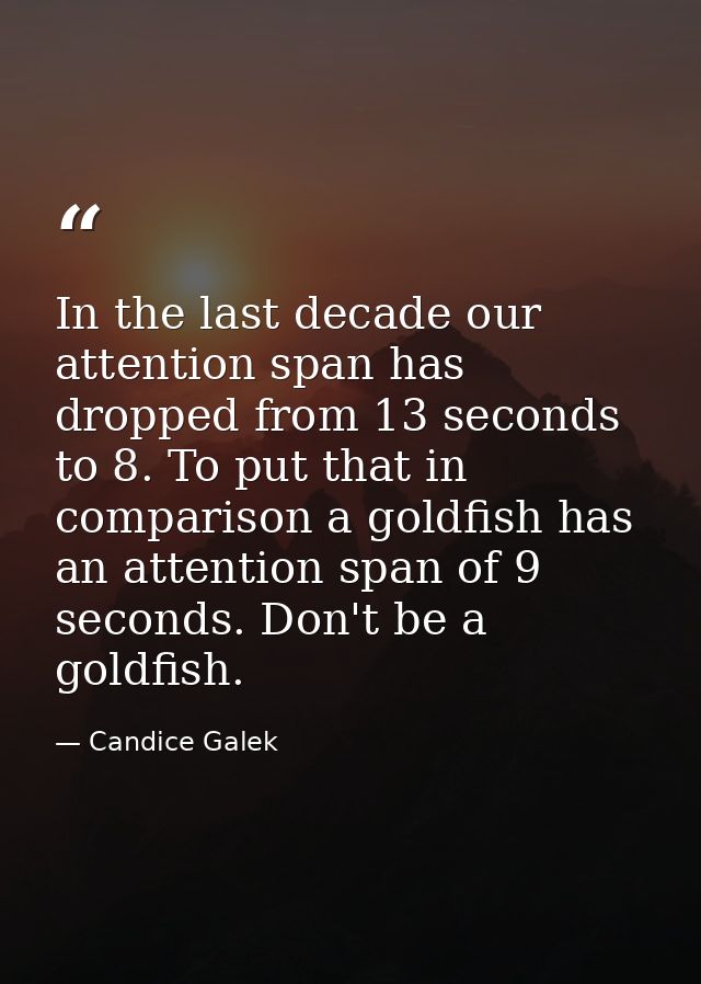 In the last decade our attention span has dropped from 13 seconds to 8. To put that in comparison a goldfish has an atte — Candice Galek