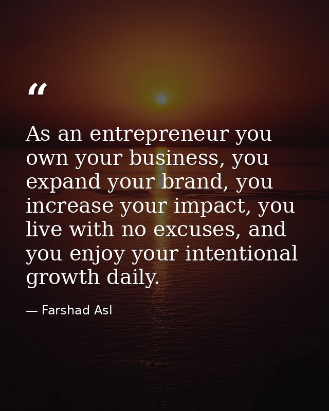 As an entrepreneur you own your business, you expand your brand, you increase your impact, you live with no excuses, and — Farshad Asl